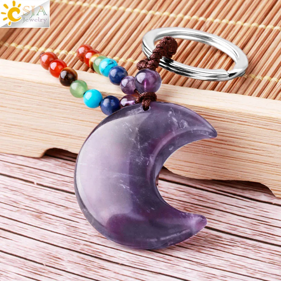 Natural Stone 7 Chakra Keychain Healing Moon Star Turquoises Rose Quartz Crystal Amethysts  Aventurine Key Ring Car Key Bag G850