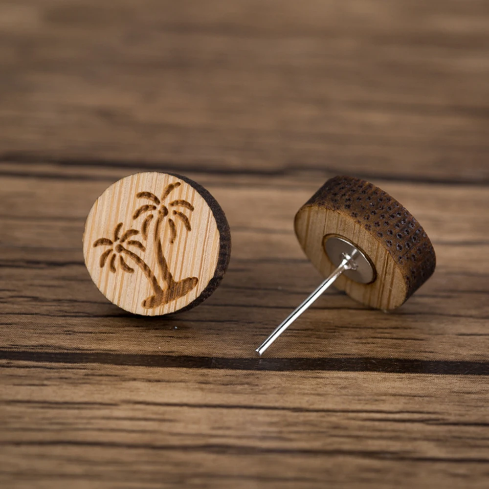 8Seasons Brown Wood Round Ear Post Stud Earrings Stainless Steel Arrowhead Animal For Women Jewelry Gifts 1 Pair