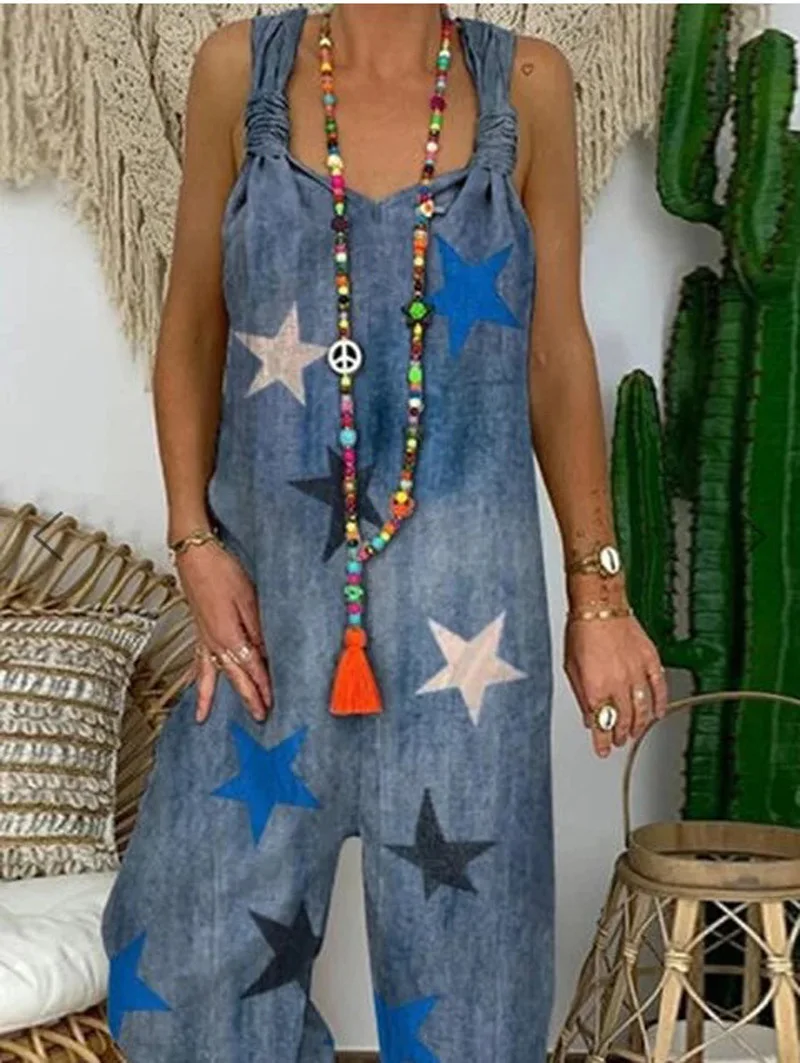 Frauen Overalls Lange Hosen Beiläufige Lose Sleeveless Jean Overall für Damen Fashion Star Print Sexy Backless Ein Stück Overall