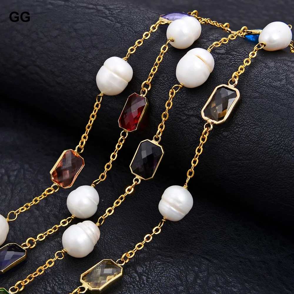 G-G Natural Pearl  64\'\' Natural White Rice Pearl Crystal Gold Color Plated Chain Long Necklace For Women