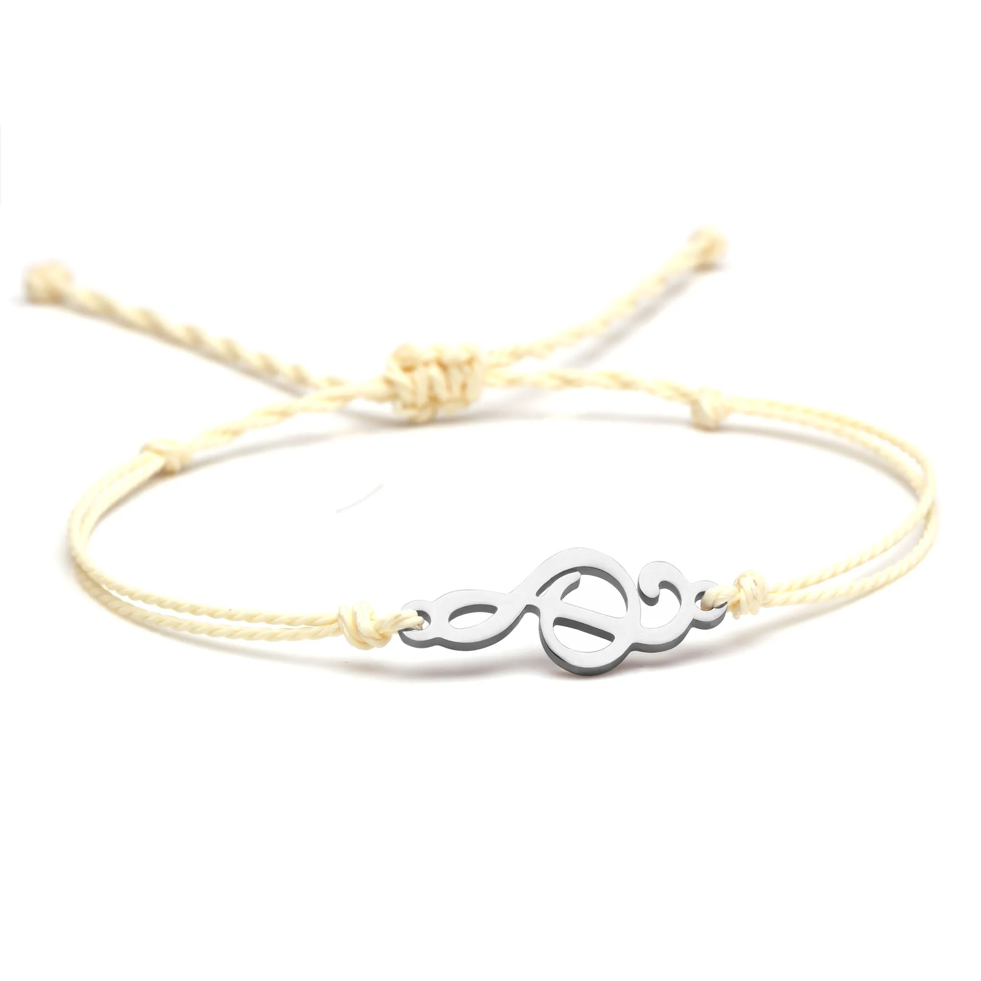 Pretty Cute Stainless Steel Musical Notation Charm Bracelet Women Female Grey Black Beige Wax Coated String Handcrafted Jewelry