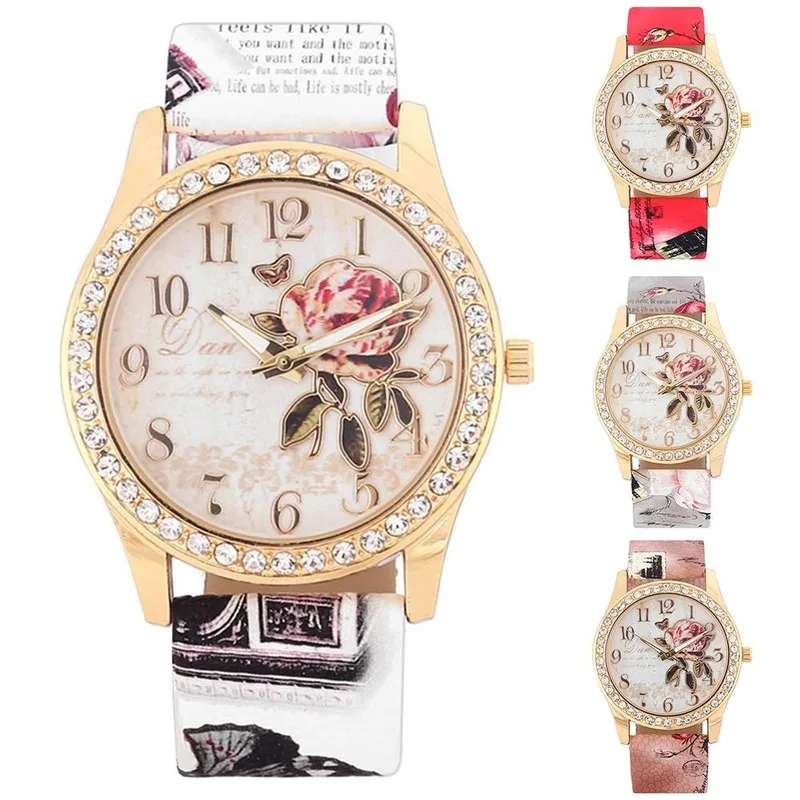 Fashion Women Print Rose Pattern Rhinestone Wrist Watch Casual Clock Quartz watch reloj mujer relogio feminino reloj hombre Ladi