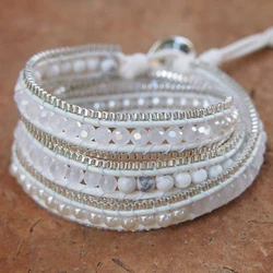 Handmade 3 Wraps Natural White Turquoise Crystal with Stainless Steel Chain Stackable Wrist Cuff Bracelet Jewelry Drop Shipping
