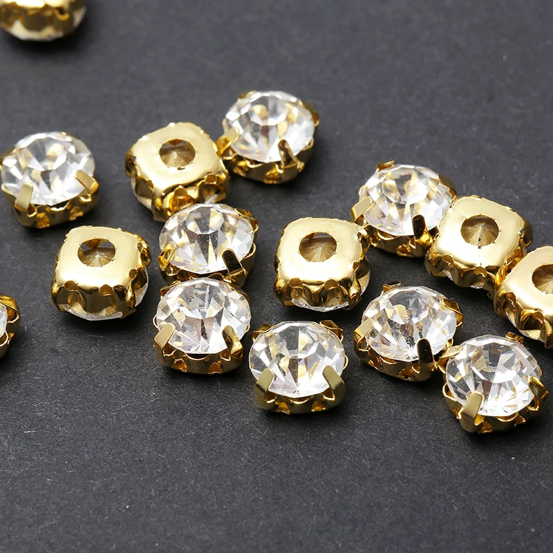 RESEN  Top Quality 3-10mm Crystal Glass Sew On Rhinestones With Gold Claw White Color Gold Base Sewing Stones DIY  Decoration