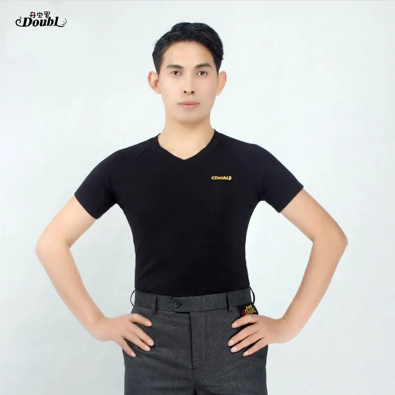 Doubl Men's Dance Tops เครื่องแต่งกายผู้ใหญ่ละติน T เสื้อ V คอสั้น Modern มาตรฐานสีดำสวมใส่สบายเสื้อผ้า