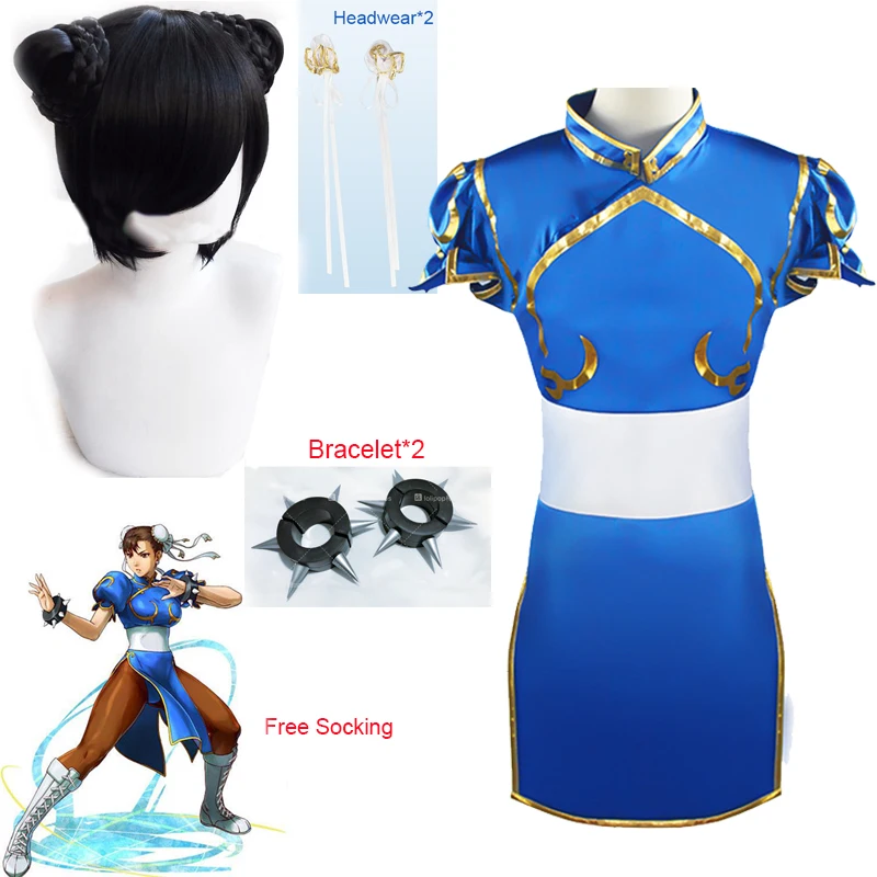 Game Street Fighter Chun-Li Cosplay Costume Chun Li Wig and Bracelet Accessories Woman and Girl Battle Dress Halloween Costume