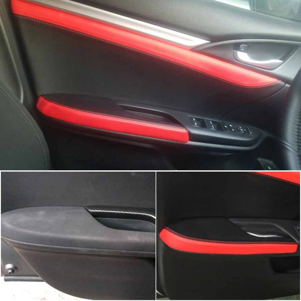 

4pcs Soft Leather Door Armrest Cover For Honda Civic 10th Gen 2016 2017 Door Panels Cover Trim Black with Red Leather Splice