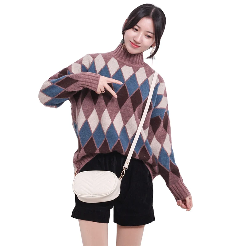 

2022 New Women's Autumn Winter Loose Knit Sweater Half High Collar Splicing Thick Pullover Square Pattern Sweaters Female Tops