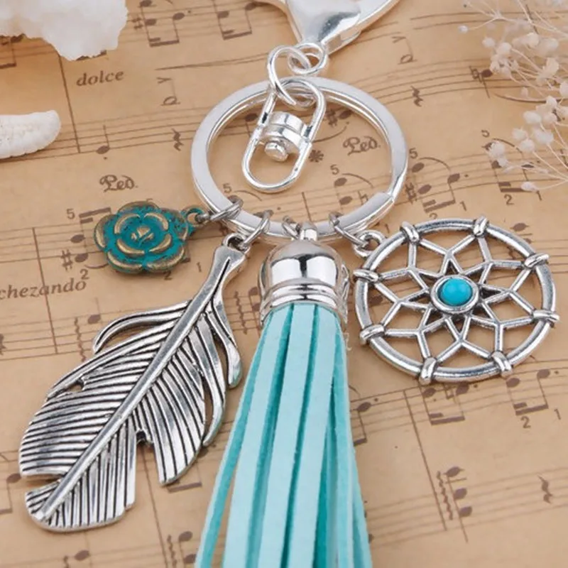 1pc Vintage Patina Keychain Silver Color Dreamcatcher Feather Flower Blue Green Velvet Faux Suede Tassel Keyring 13.8cm long