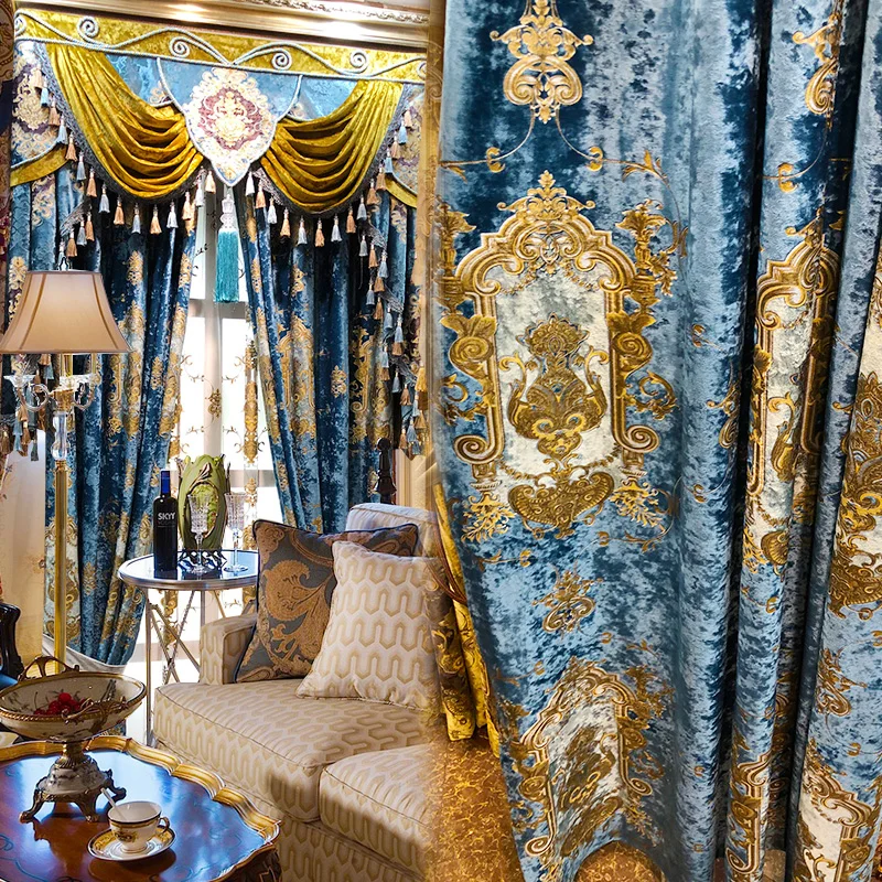 European Palace Luxury Velvet Blackout Curtains Carved Gold Bule Villa Curtains for Living Dining Room Bedroom