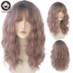 7JHH WIGS Pink Synthetic Blue Wig For Girls Daily Wear Loose Long Deep Wave Ombre Wig with Fluffy Bangs Handmade Fine Wigs