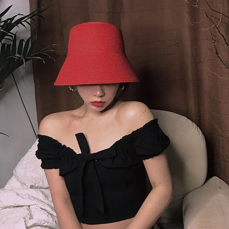 Summer Woven Cloche Bucket Hat Plain Sun Hat for Women French Retro Style Wide Brim Red Black Straw Hat Couture Derby Ladies Hat