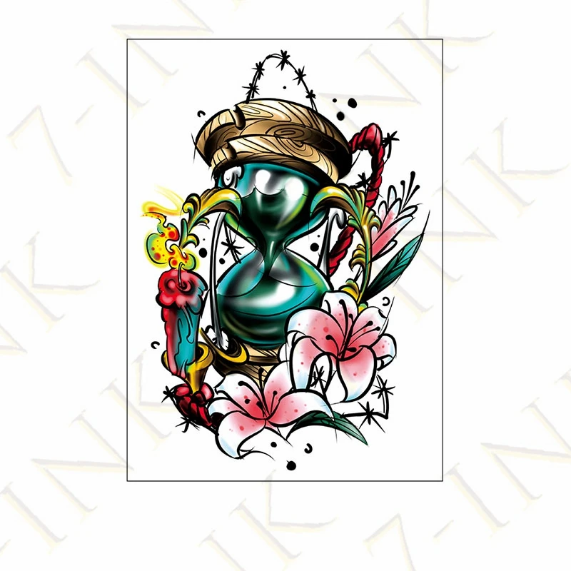 Waterproof Temporary Tattoo Sticker Classical Hourglass Candle Lily Flower  Water Transfer Fake Tatoo Flash Tatto for Women Men