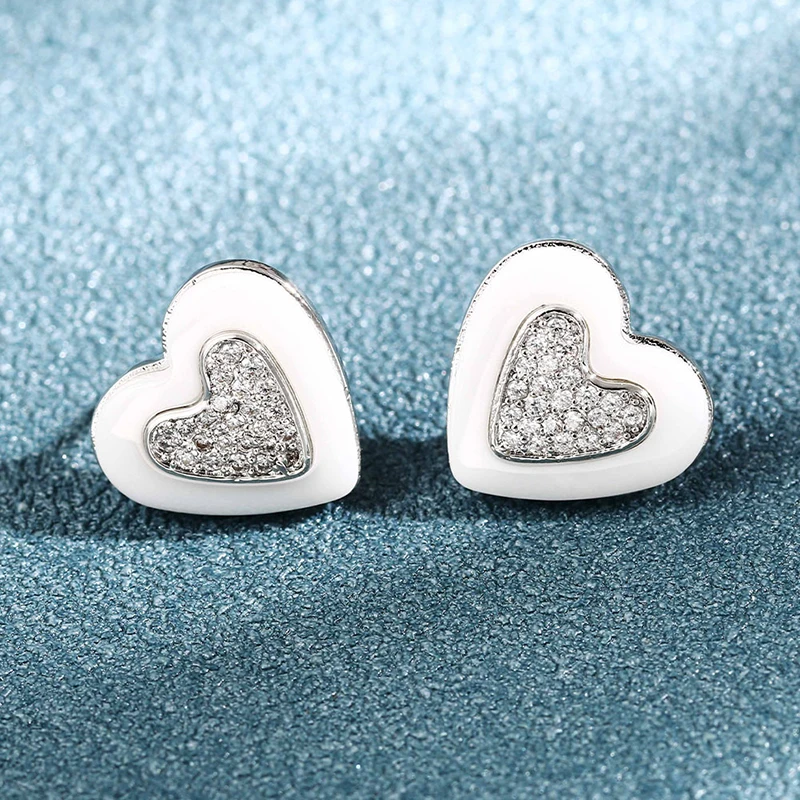 Fashion Earrings 2020 Women\'s Earrings Heart White Real Natural Ceramic Earrings Stud Earrings Wedding Engagement Accessories