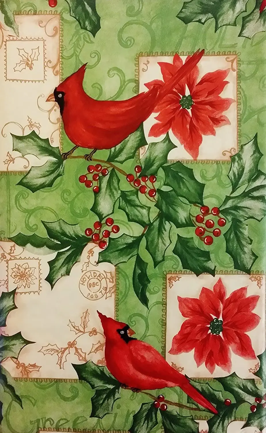 Christmas Cardinals Among Poinsettias and Holly Vinyl Flannel Tablecloth