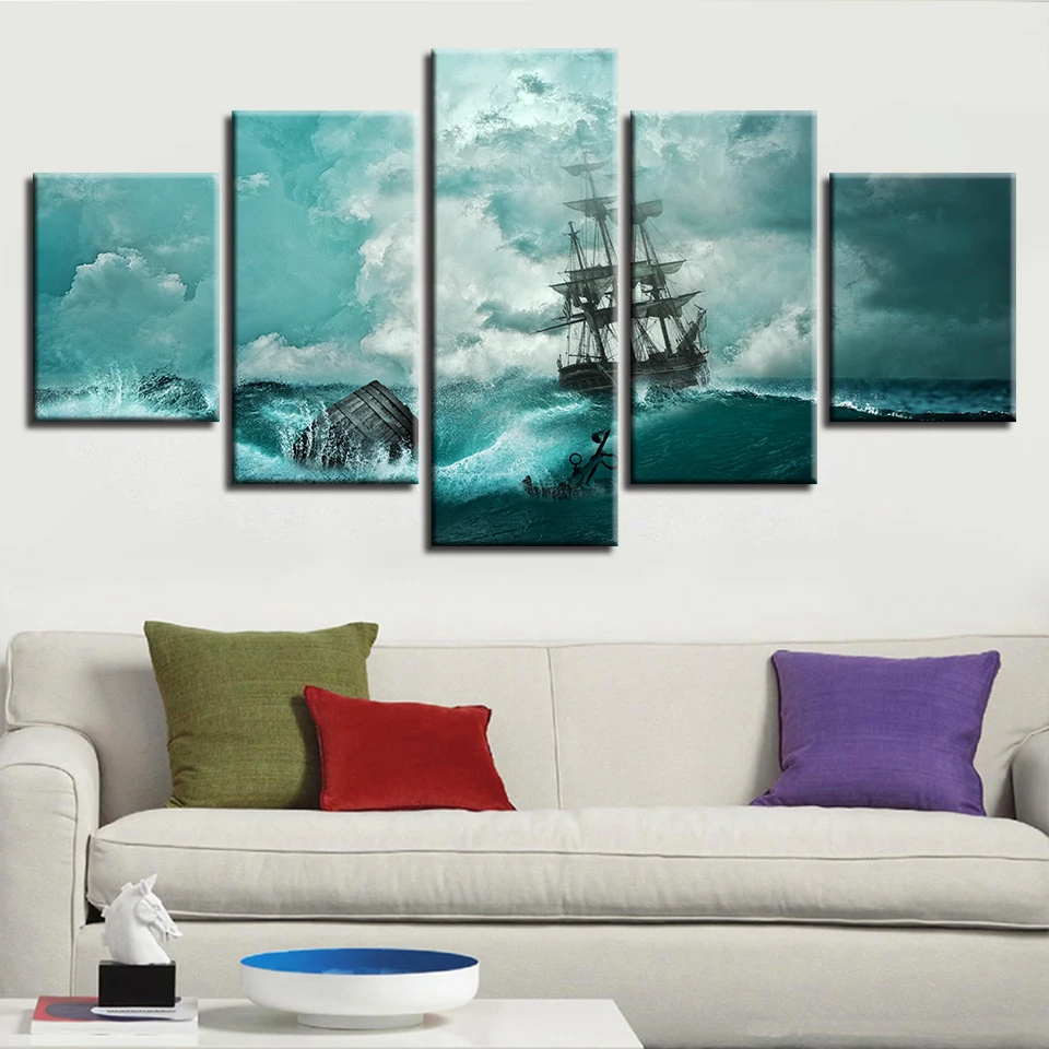 Wall Art Decor Bedroom 5 Pieces HD Printed Ship On The Sea Sailing Painting Blue Sky White Cloud Scenery Modular Canvas Picture