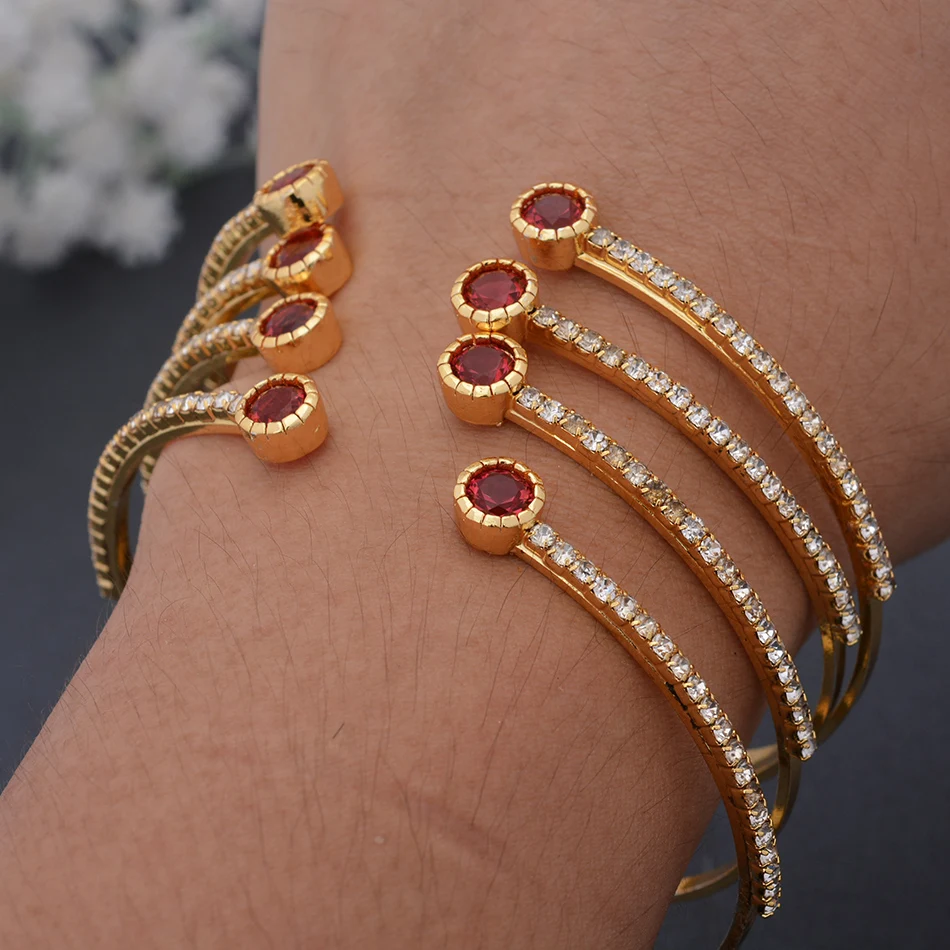 4Pcs/Set Red Stone Dubai Ethiopian Gold Color Cuff Bangles For Women Girls Wife African Arab Bracelet&Bangle Jewelry Gift