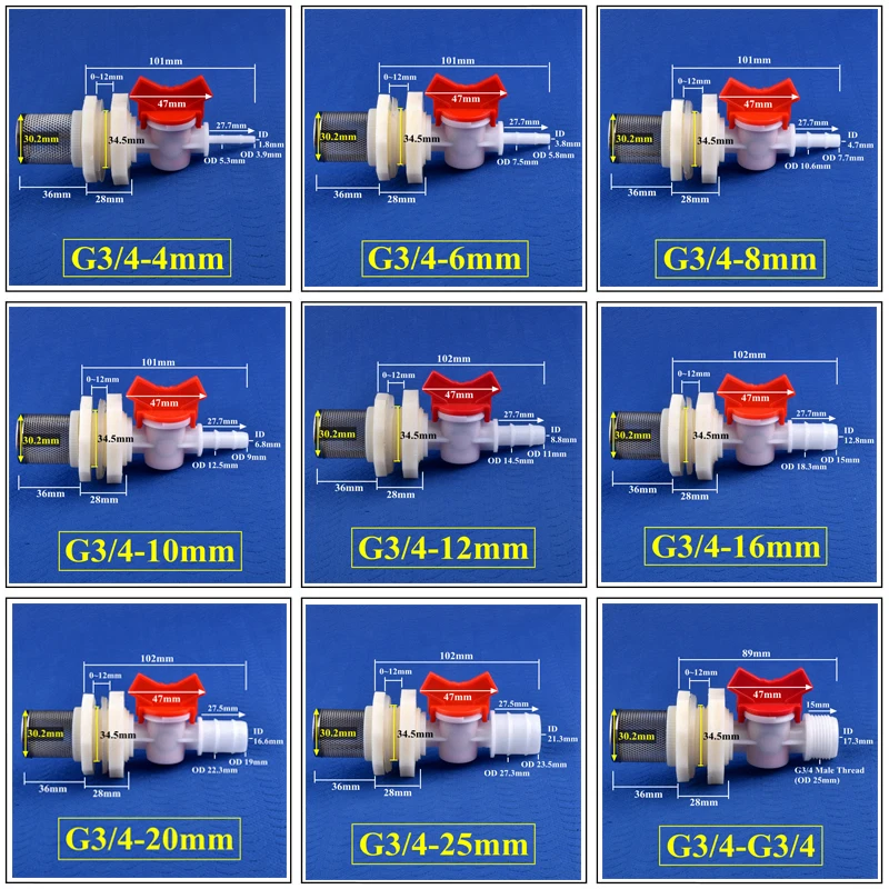 1 ~ 20 zestawów G3/4 do 4 ~ 25mm złącze zaworu zbiornika wody zestaw filtrów złącza akwarium nawadnianie ogrodu basen z wodą złącza węża