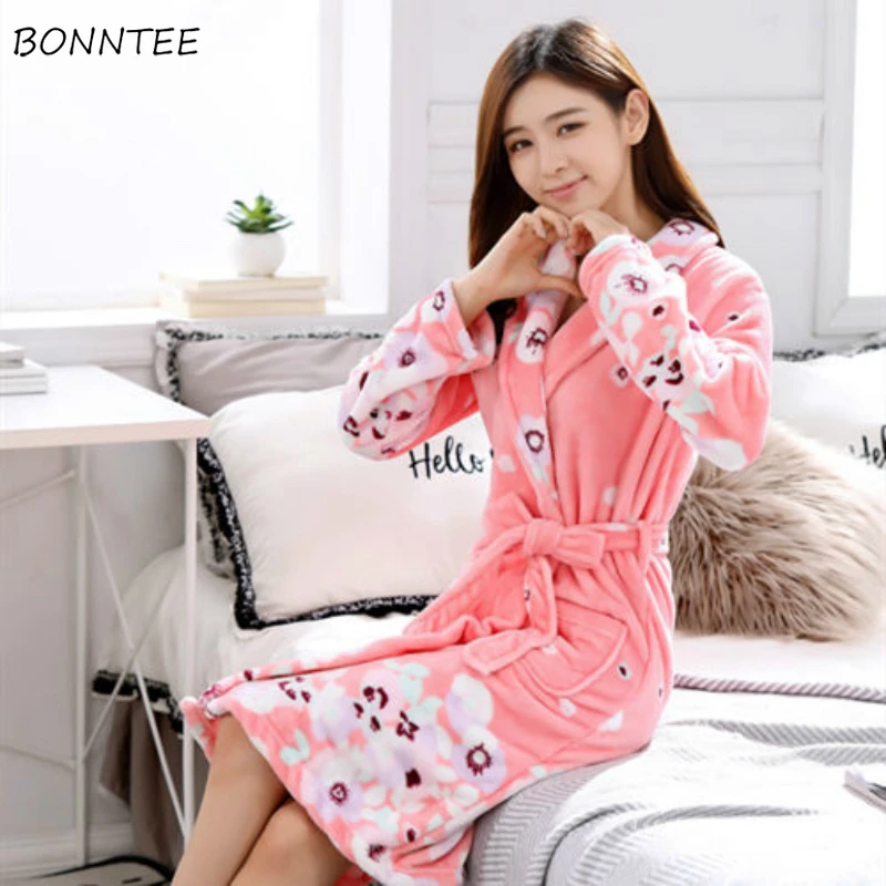 Robes Women Pink Printed Leisure Elegant Womens Flannel Winter Warm Bathrobes Soft Comfortable Korean Style Thickening Ulzzang