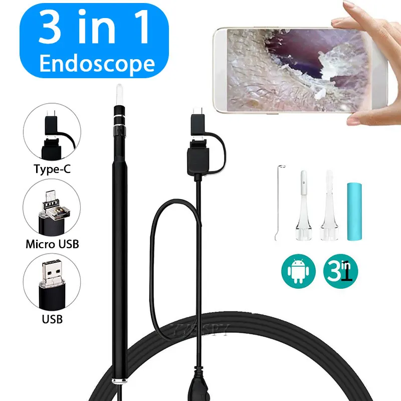 3 In 1 Wire Endoscope Mini Camera 1.5 M 5.5mm Lens for Android OTG/Type-C/USB Borescopes Waterproof Led Lighting Inspection Cam