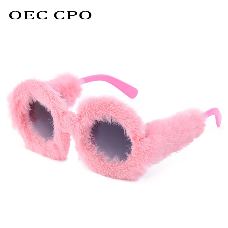 

OEC CPO Fashion Round Sunglasses Women Handmade Trendy Soft Fur Velvet Sun Glasses Female Oversized Goggle UV400 Punk Eyewear