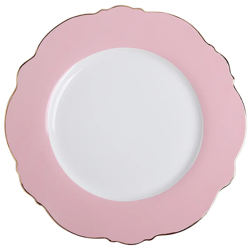 Creative  Ceramic Plate Pink Wave Point Simple Flat Plate Western Steak Plate Girl Heart Set  Irregular Golden Girl