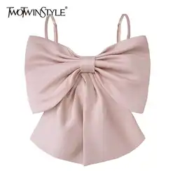 TWOTWINSTYLE Sexy Patchwork Bow Women Vest Square Collar Sleeveless Spaghetti Strap Slim Tunic Tank Tops Female Clothes 2022 New