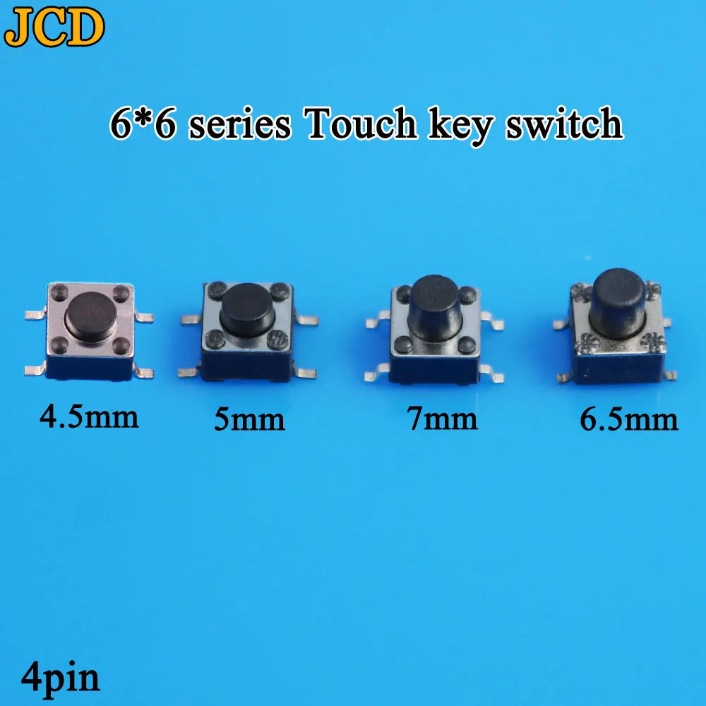 JCD-SMD触覚押しボタンマイクロスイッチ、自己リセットスイッチ、6x6x4.5mm、6x6x5mm、6.5mm、7mm、6x6、4ピン、1個