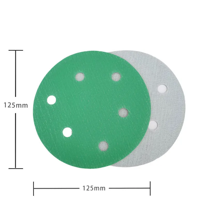 100PCS Green 5 inch 6 Hole Round Sandpaper For Grinding and Polishing Car Dry Self-adhesive Flocking Pneumatic Machine