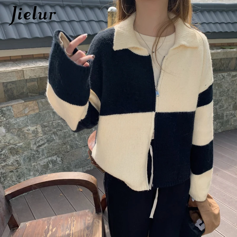 Jielur Creative Double Zipper Women Sweaters Winter Fashion Spell Color Checkerboard Knitted Sweater Female Cardigan Jacket Warm