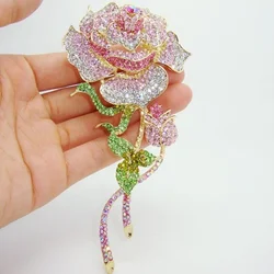 Delicate Pink Zircon Rose Flower Large Brooch Women Costume Suit Dress Pins Girls Wedding Party Accessories