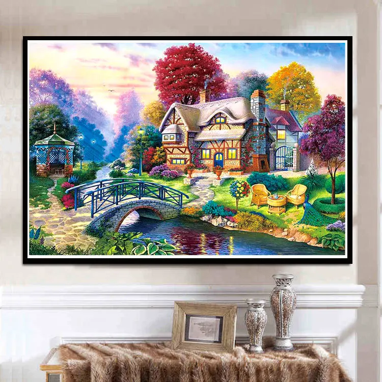 Printed Cross Stitch Needlework,DIY Living Room,Set For Embroidery Kit Full Cross-Stitching Silk Thread Landscape Cottage