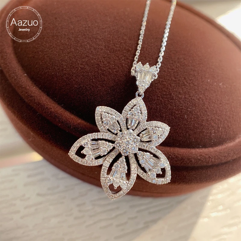 Aazuo 18K  White Gold Real Diamonds Big Flower Necklace With Real Gold Chain 45CM Gift For Women Engagement Party Au750