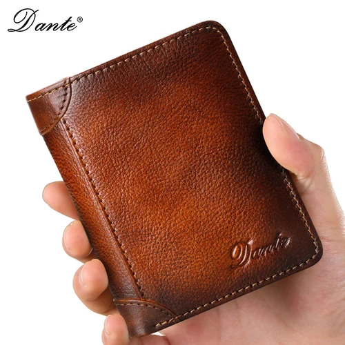 Dante-cartera de cuero para hombre, cepillo antirrobo RFID, capa de cabeza de piel de vaca, Retro, informal, Vertical, multifunción, bolsa de dinero, Clips para dinero