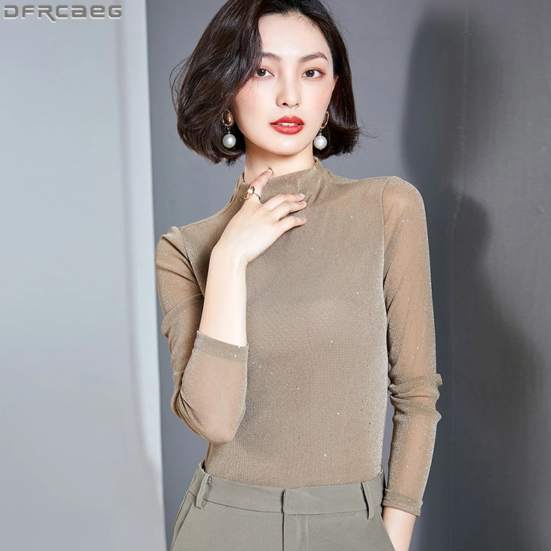 Fashion Shiny Lurex Black Blouse Women Autumn Winter Turtleneck Slim Elastic Tunic Shirts Mesh Glitter Long Sleeve Basic Tops