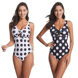 New wave point large fit swimwear white dot open back bow one piece women's swimwear