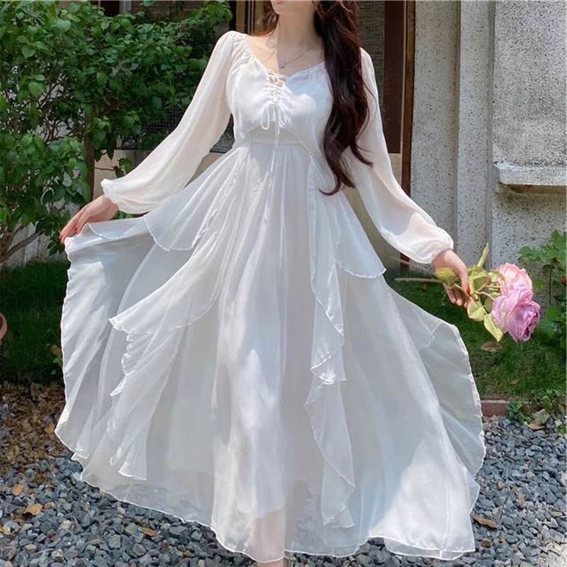 Summer Women Long Dress Suspender Ruffles Chiffon Fairy Dress White Apricot Korean Elegant Feminine Holiday Beach Party Dresses