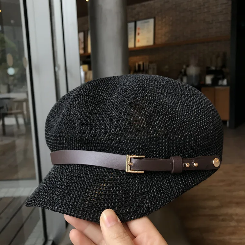 Gorra octogonal de paja para mujer, gorro fino de verano, boina de punto con cuerda ajustable, malla transpirable, para la playa, 2021