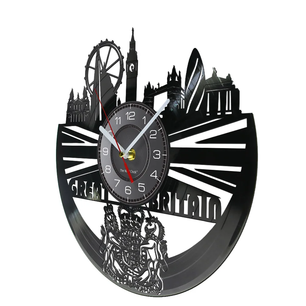 Island Of Great Britain Landmark Wall Clock Vinyl Album Record UK England London Skyline Big Ben Elizabeth Tower Hanging Decor