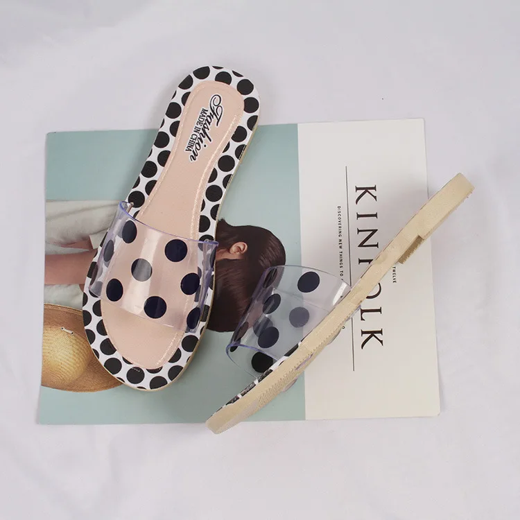 New Summer Polka Dot Transparent Belt Fashion Outer Wear Flat Bottom Beach Casual Ladies One-word Sandals and Slippers Shoes