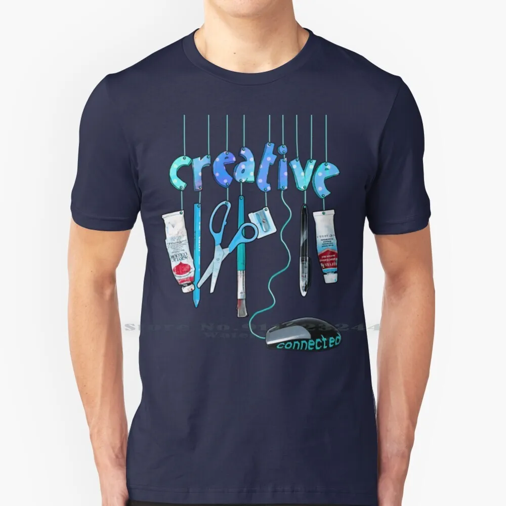 Connected Creative In Blue T Shirt 100% Pure Cotton Creative Connected Mouse Arty Cute Scissors Create Pen Ink Computer