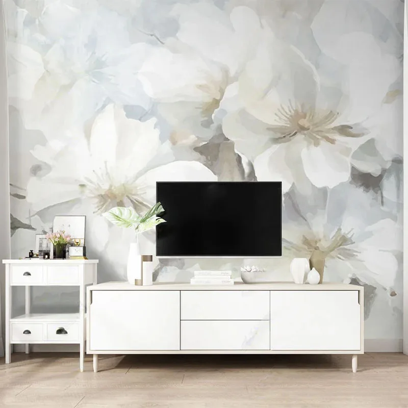 Custom Mural Wallpaper 3D White Hand-painted Oil Painting Abstract Flowers Living Room TV Background Wall Decor Papel De Parede