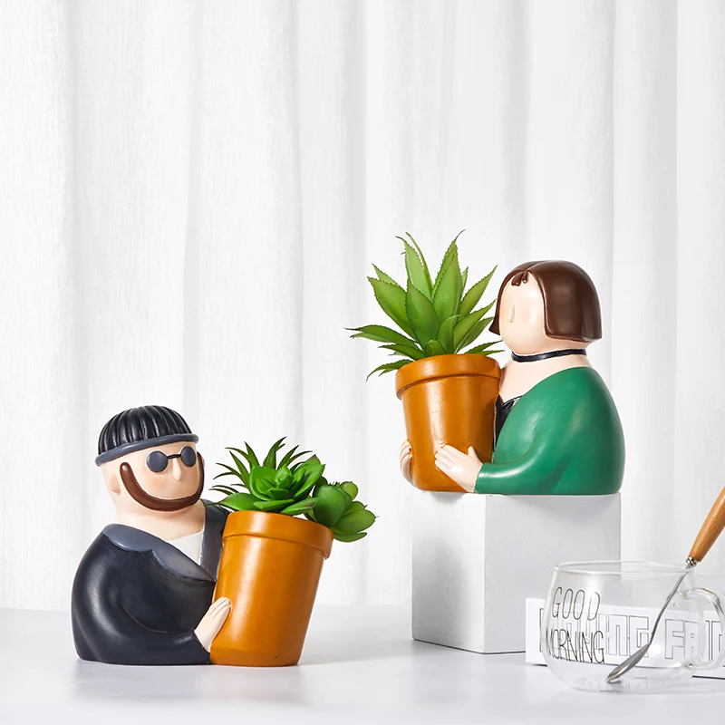 Cartoon Portrait Flower Pot Resin Planter Succulent Plants Flowerpots Pencil Holder Desktop Vase Figurines Home Table Decoration