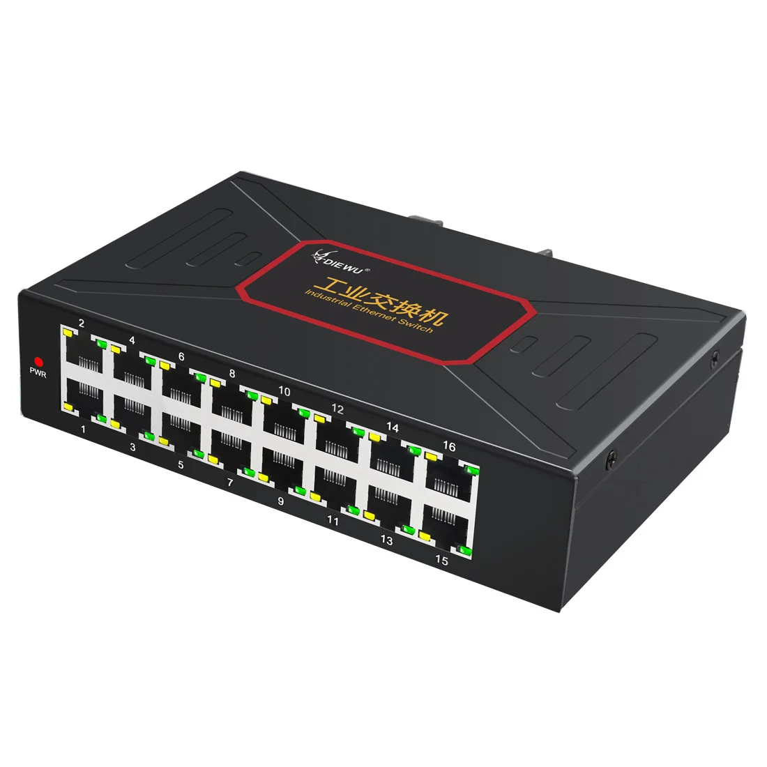 DIEWU-Switches Ethernet de haste industrial, 16 portas, tipo DIN Rail, suporte a switches de rede RJ45, DC12 ~ 58V, 10 Mbps, 100Mbps