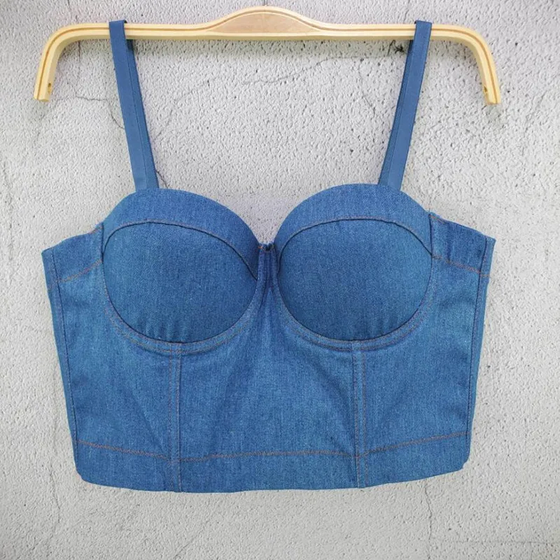 

New Women Solid Denim Blue Crop Top Spaghatti Strap Sexy Bustier Inner Short Cami Comfortable Corset Bralet q409