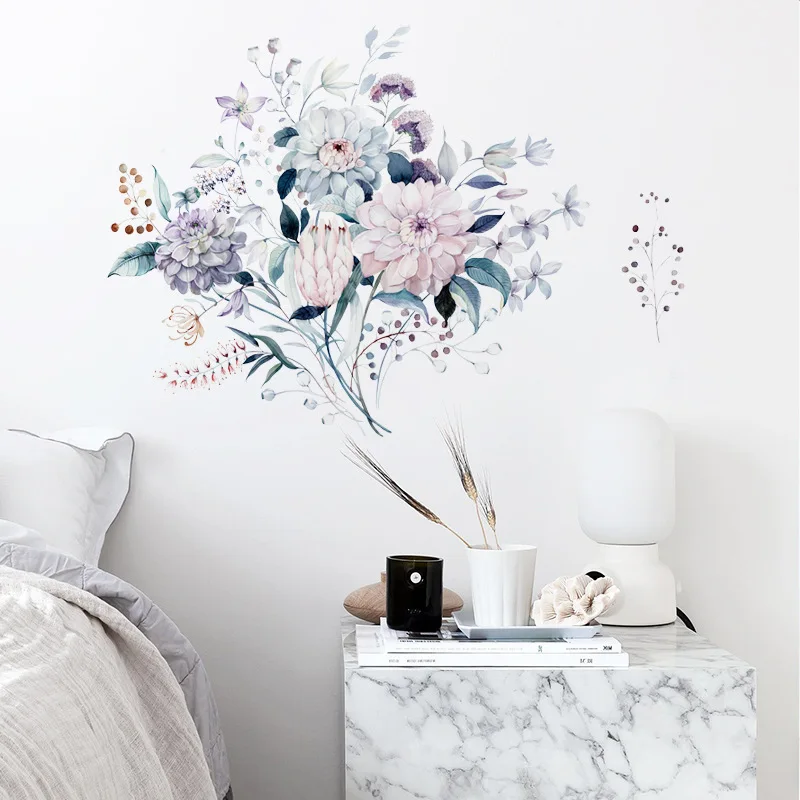 Wasserfarbene Blumen-Pflanzen-Wandaufkleber für Wohnzimmer, Hintergrunddekoration, abnehmbares Wandbild, Schlafzimmer-Dekoration, Verschönerung von Aufklebern für Zuhause