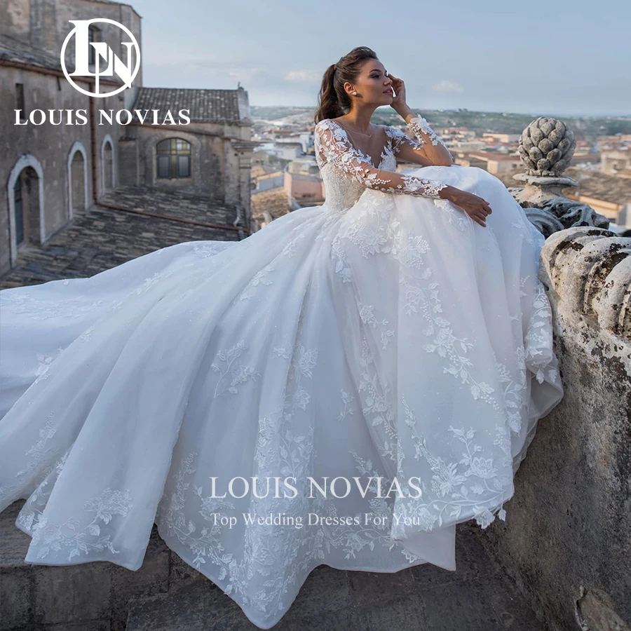 LOUIS NOVIAS Wedding Dresses For Women Gorgeous Beaded Princess Long Sleeve Sweetheart Lace Up Bridal Gown Vestidos De Novia