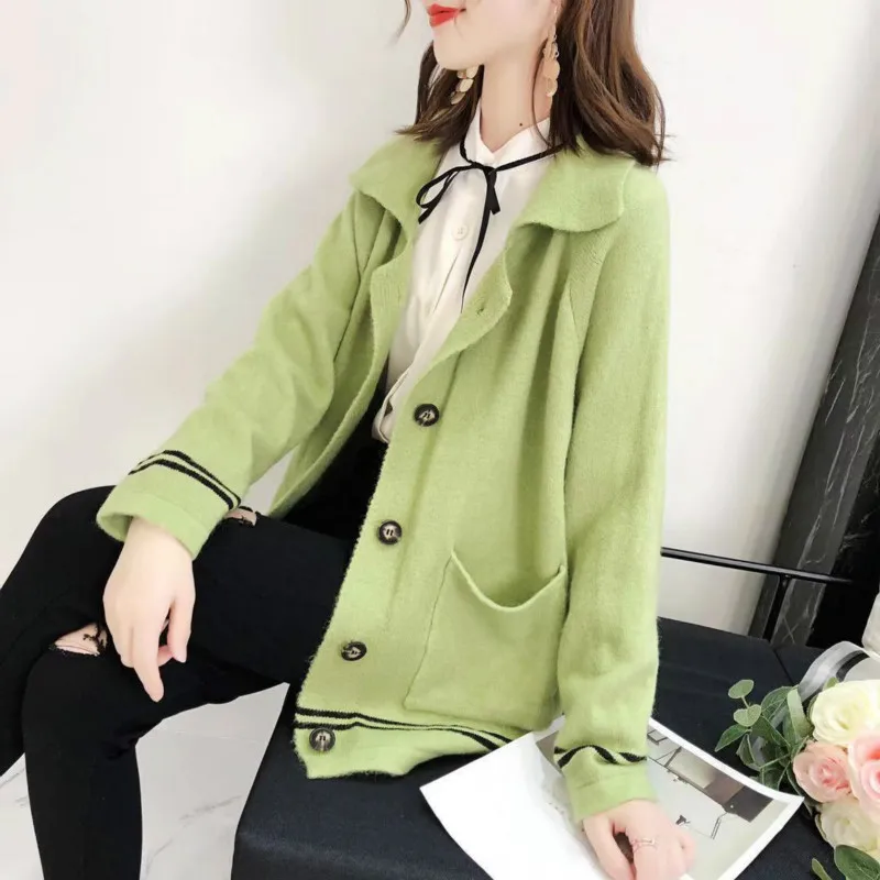 

H9588 Retro Sweater Female Fall Winter Women Korean Turn Down Collar Casual Cardigan Girl College Style Simple Loose Knitted Top