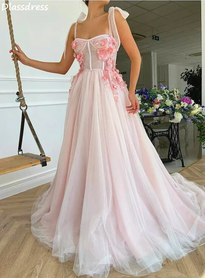 Licht Rosa Prom Kleid Einfache Illusion Blumen Spaghetti Strap Sweetheart Neck A-line Abendkleid vestido de fiesta de boda