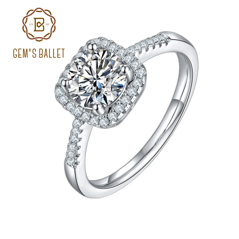 GEM'S BALLET 1.0Ct 6.5mm Moissanite Diamond Engagement Rings For Women 925 Sterling Silves Round Stone 4 prong square halo Ring